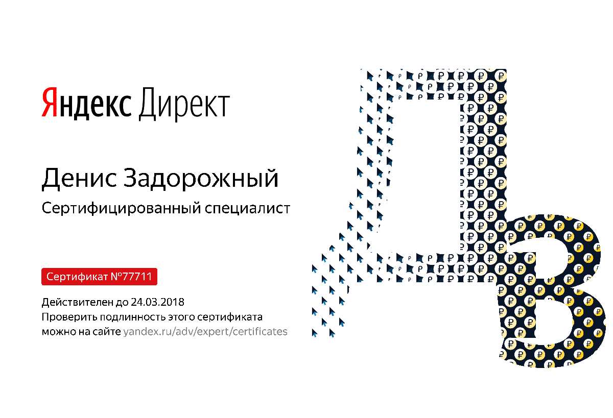 Сертификат специалиста Яндекс. Директ - Задорожный Д. в Самары